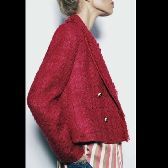 Zara Textured Blazer Frayed Lapel Fuschia XS - Picture 4 of 9